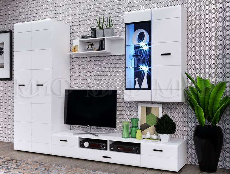 Гостиная Ницца NEW МДФ Белый Глянец (Ш-2800 x В-2170 x Г-520 мм)