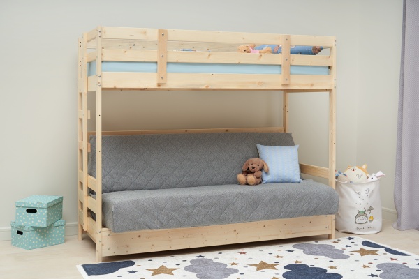 Двухъярусная кровать массив с диван-кроватью светло-серый / натуральный